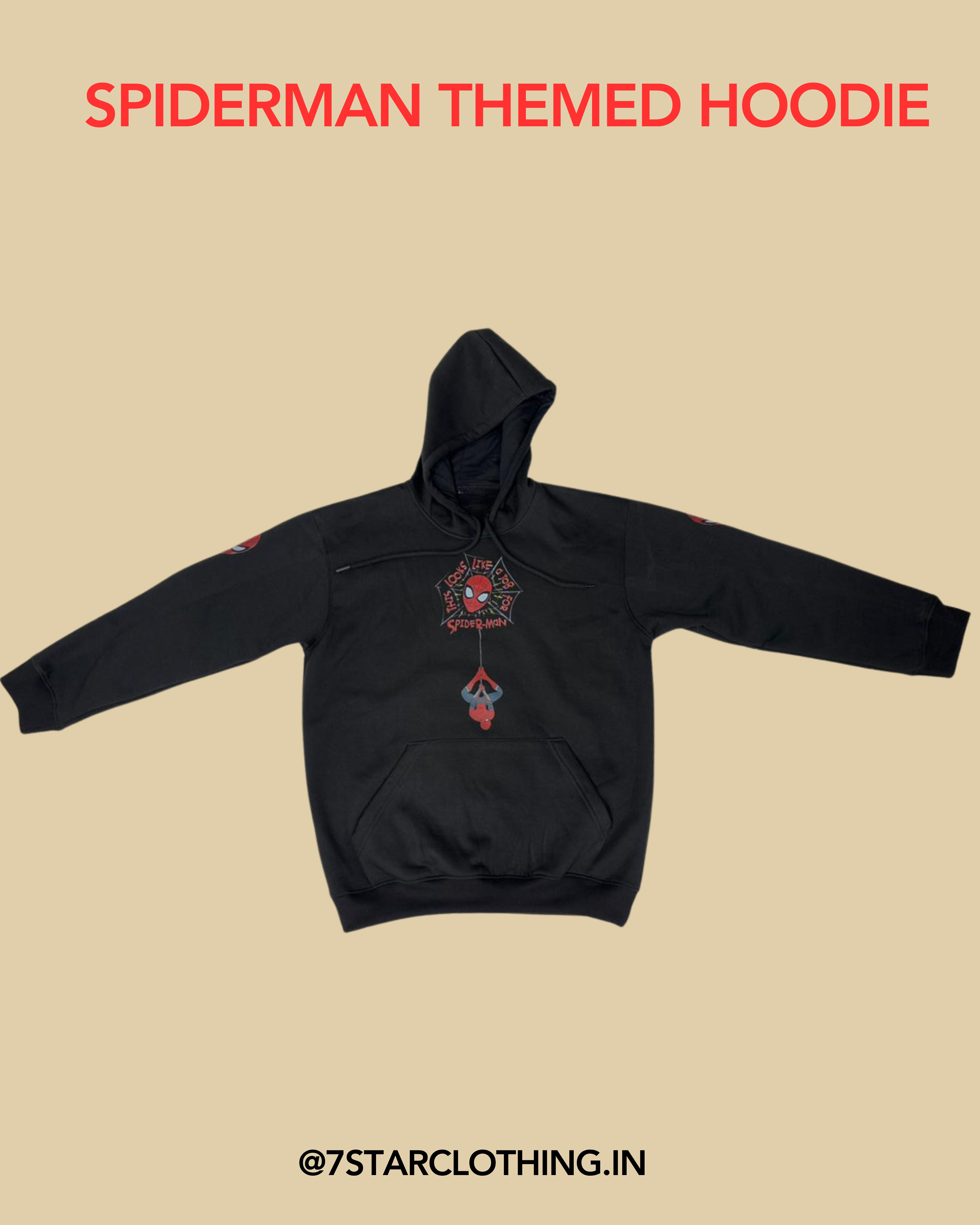 SPIDERMAN THEMED HOODIE IN BLACK COLOR WITH PREMIUM DESIGN ON SLEEVES || 100% COTTON || WARM & COSY