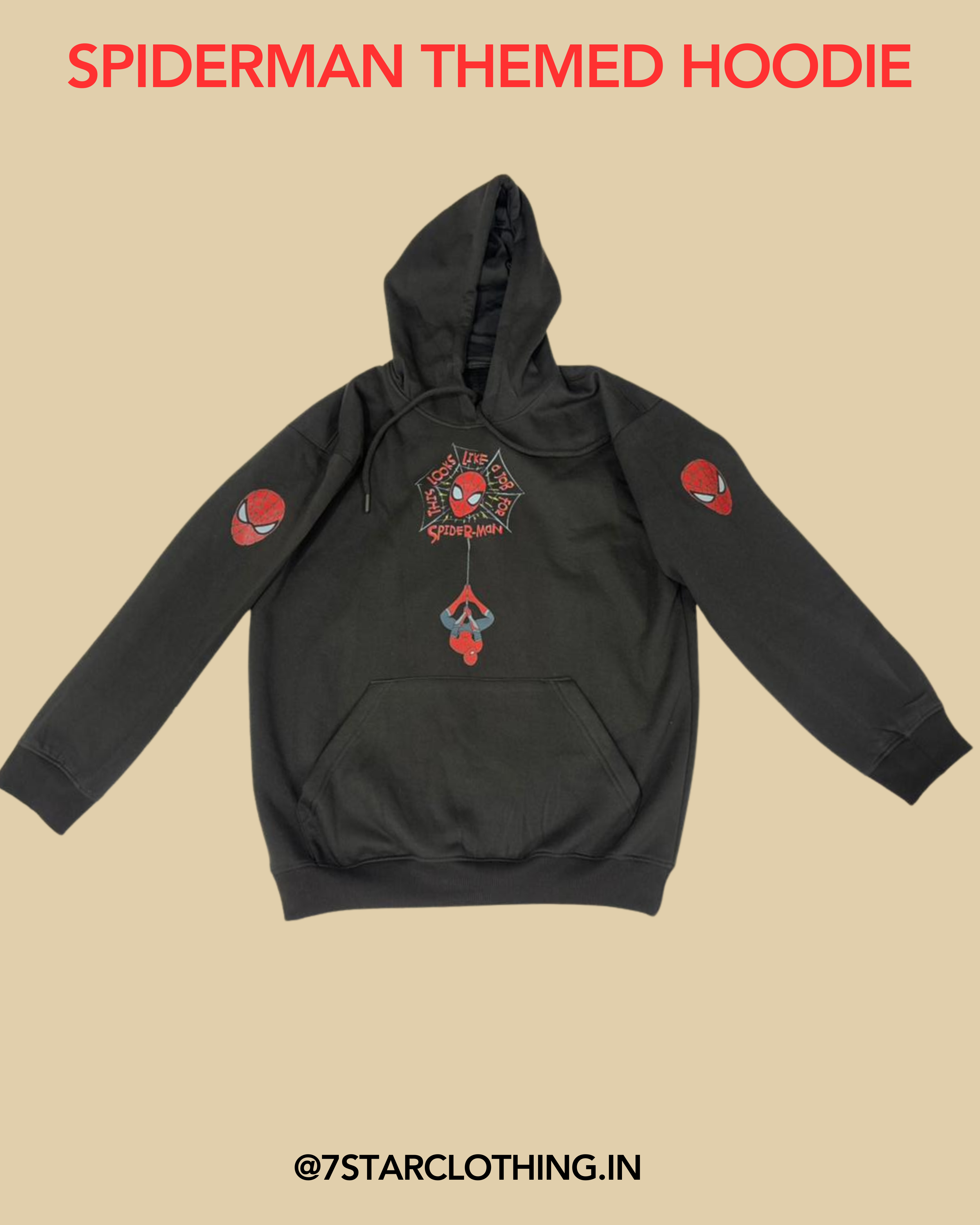 SPIDERMAN THEMED HOODIE IN BLACK COLOR WITH PREMIUM DESIGN ON SLEEVES || 100% COTTON || WARM & COSY