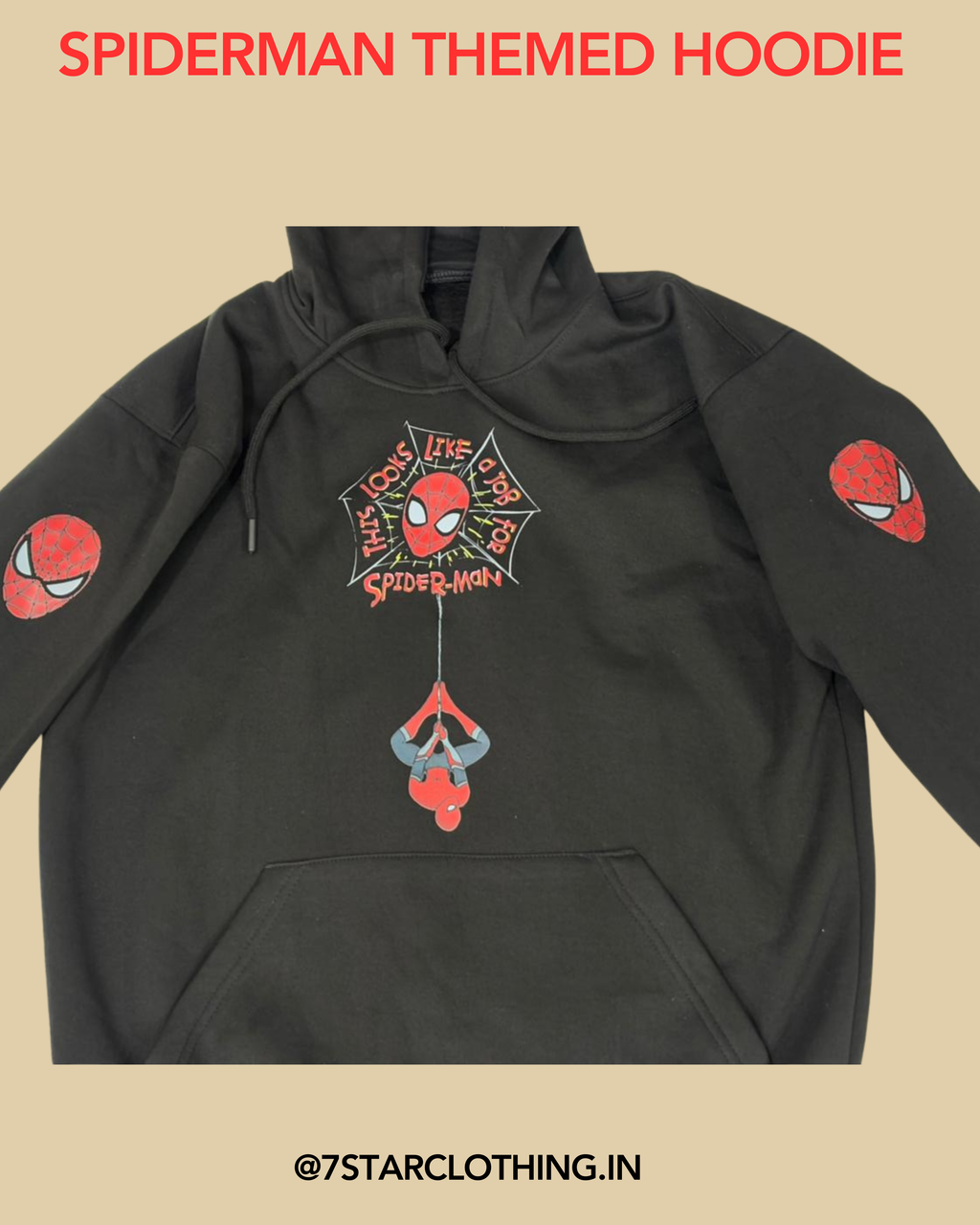 SPIDERMAN THEMED HOODIE IN BLACK COLOR WITH PREMIUM DESIGN ON SLEEVES || 100% COTTON || WARM & COSY