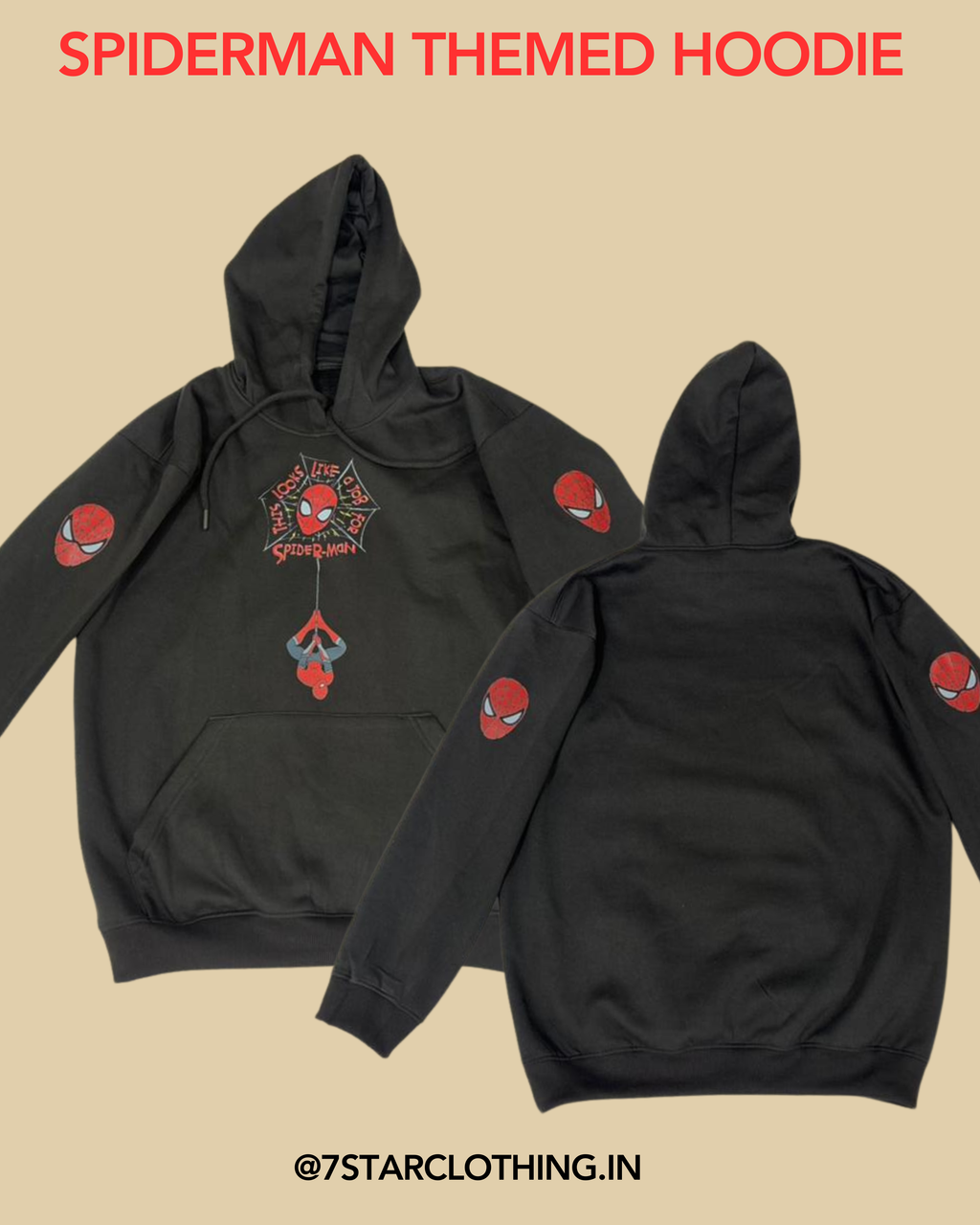 SPIDERMAN THEMED HOODIE IN BLACK COLOR WITH PREMIUM DESIGN ON SLEEVES || 100% COTTON || WARM & COSY