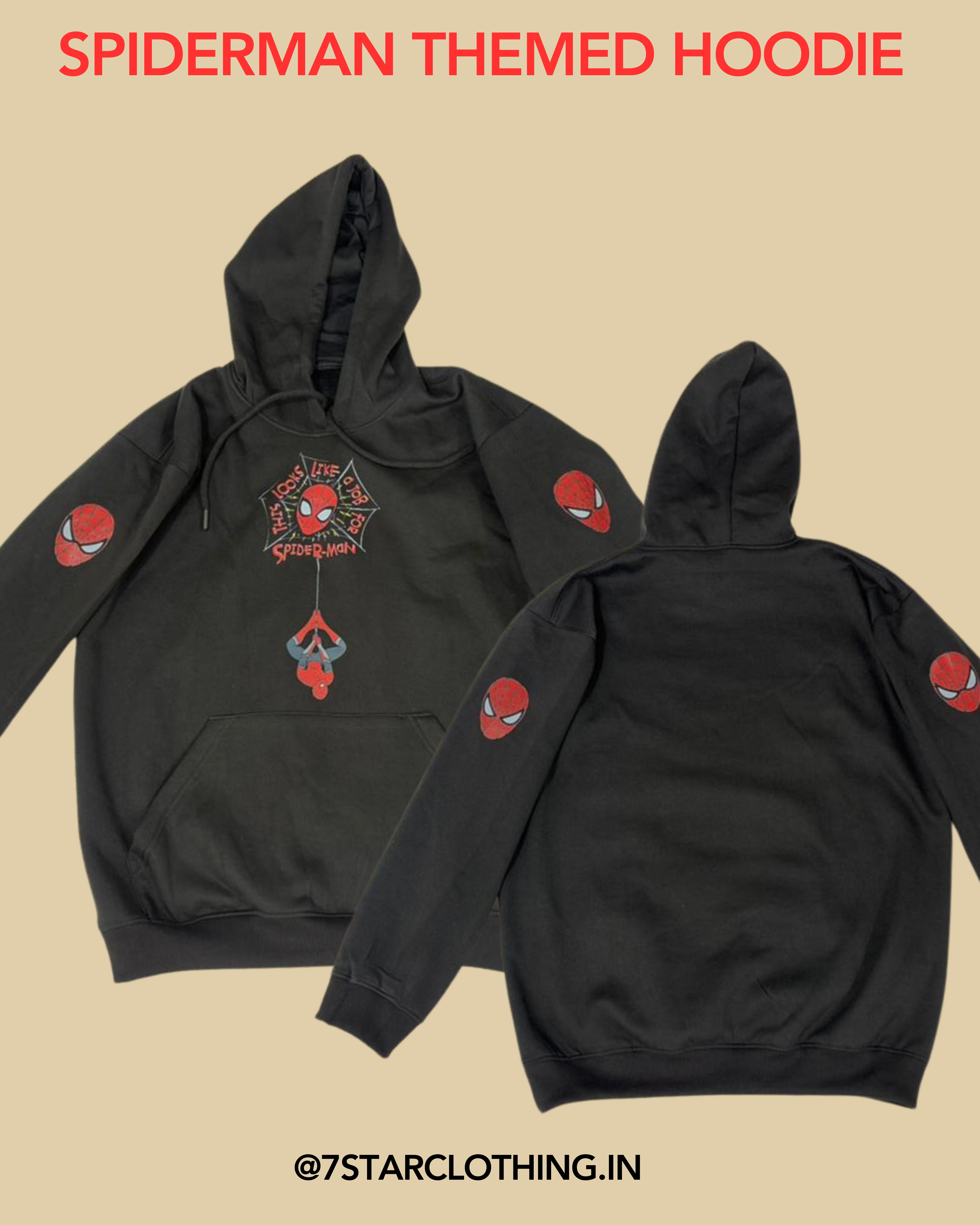 SPIDERMAN THEMED HOODIE IN BLACK COLOR WITH PREMIUM DESIGN ON SLEEVES || 100% COTTON || WARM & COSY